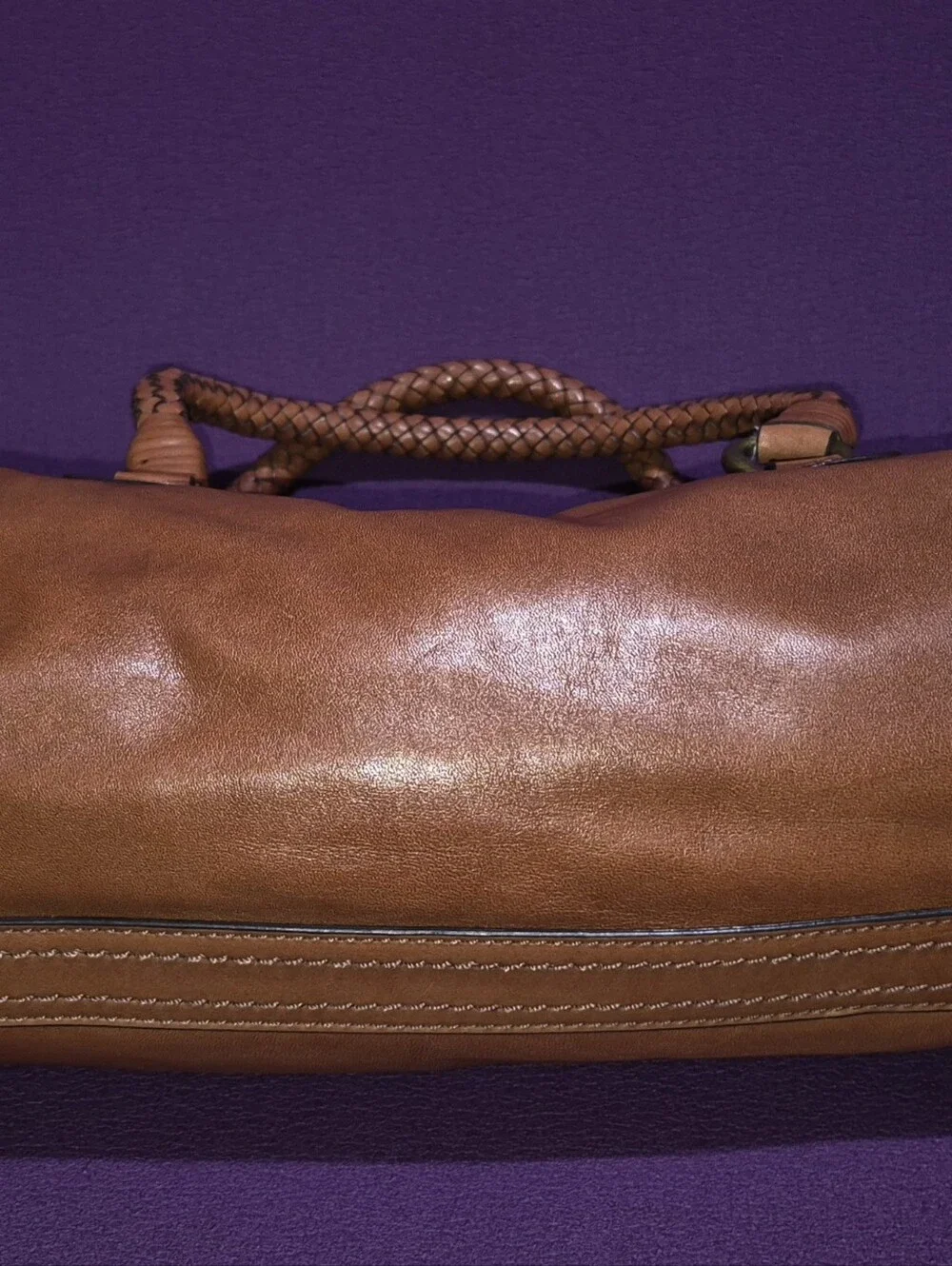 🔥Mint! Cole Haan Cognac Premium Leather Barrel Bag Braided Straps Brass Rings